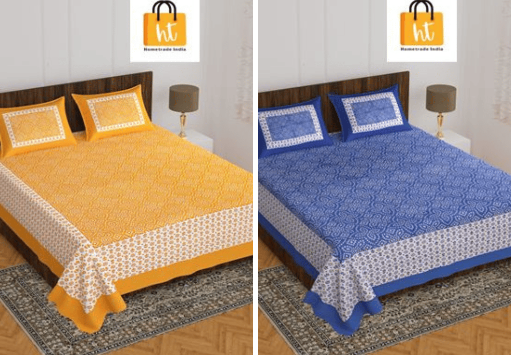 3001-Hometrade India-Standard King Size (90*108 Inches)-Pure Cotton Jaipuri Double Bedsheet With Matching Pillow Cover
