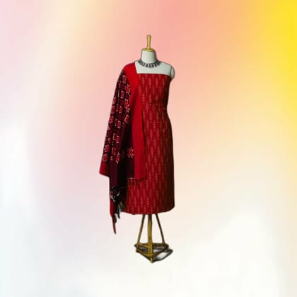 Red Ethnic Motif Unstitched Dress Material with Patterned Dupatta | Traditional Style | Festive Wear