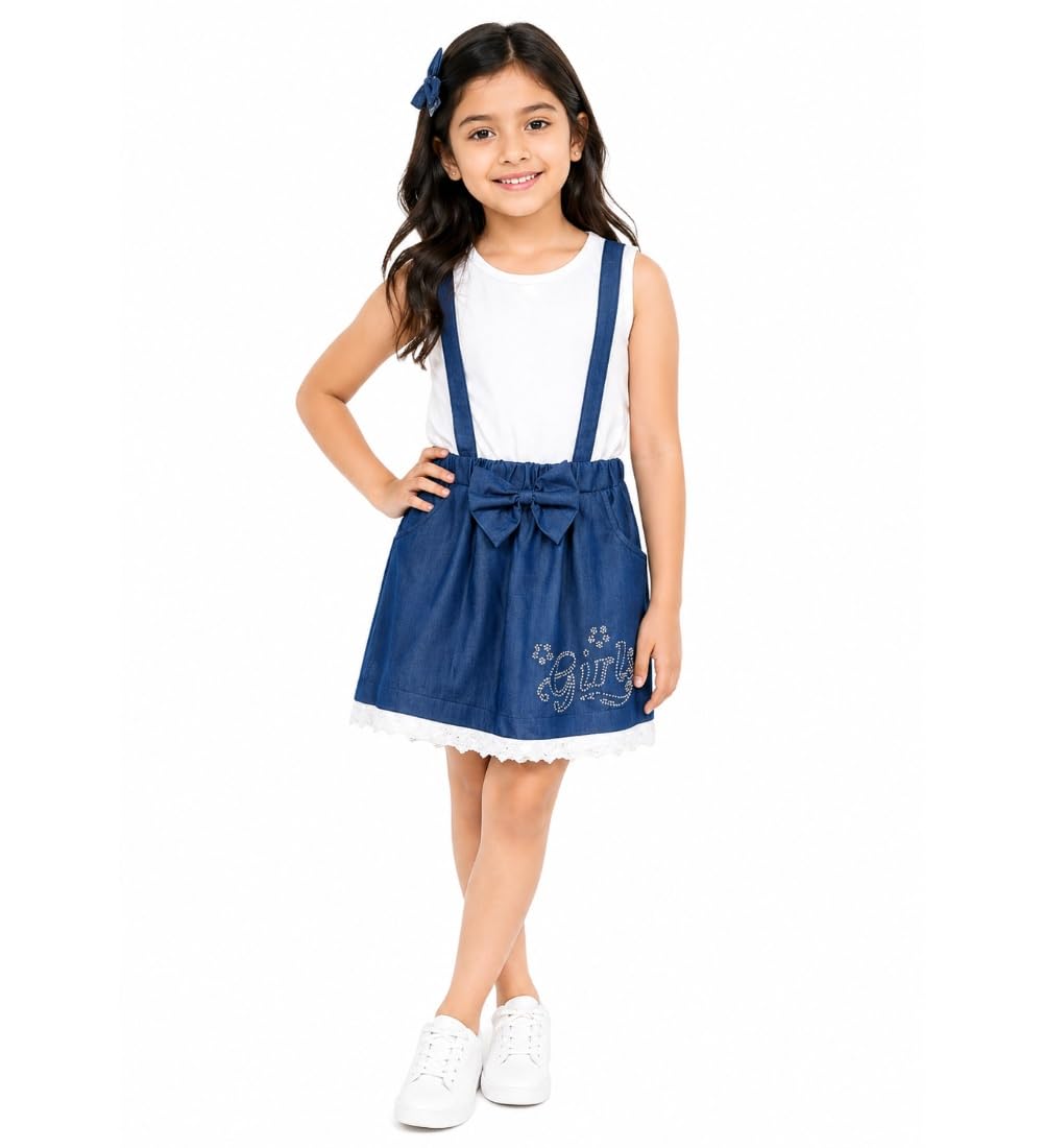 Girl's Denim Embellished Sleeveless Skirt with Inner (Dark Blue, 6-7-Yrs)-PID66008