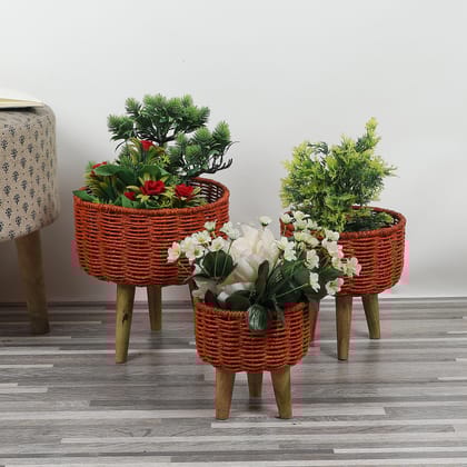 Jute & Metal Red Planter Set with Wooden Legs Set of 3