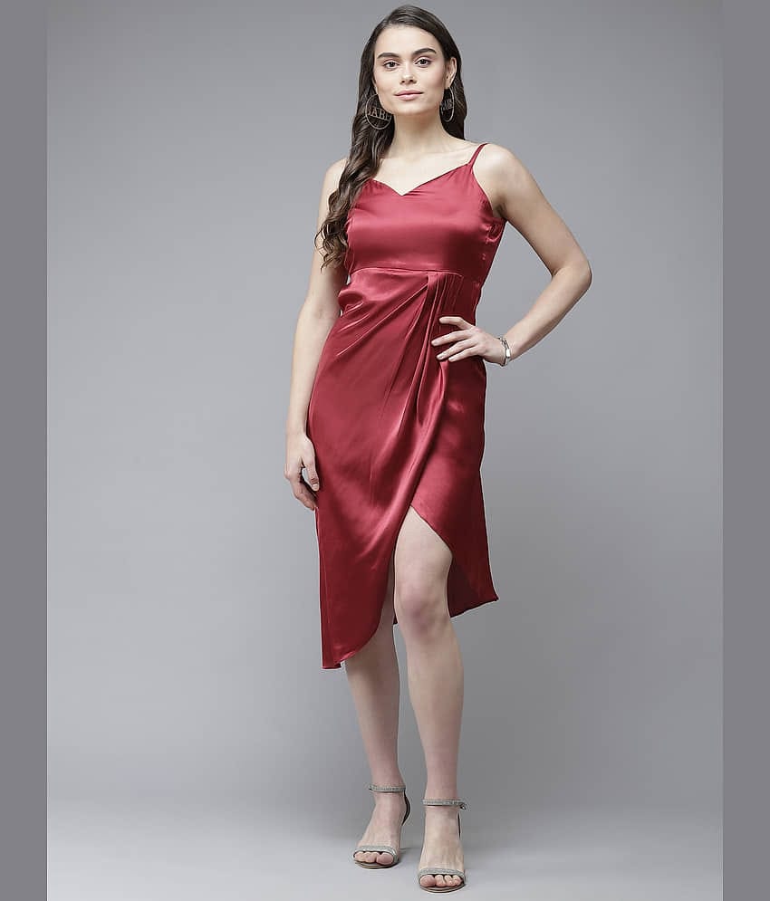 The Dry State Women Satin Shift Dress ( Maroon )