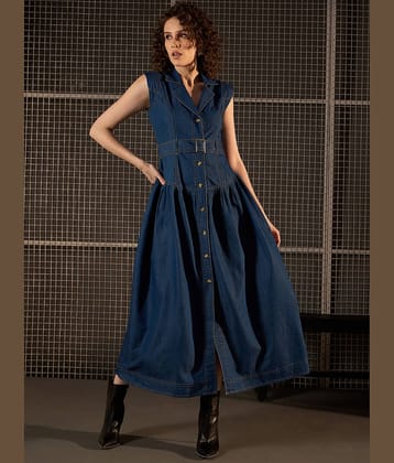 StyleStone Women Denim Solid Fit & Flare Dress ( Blue )