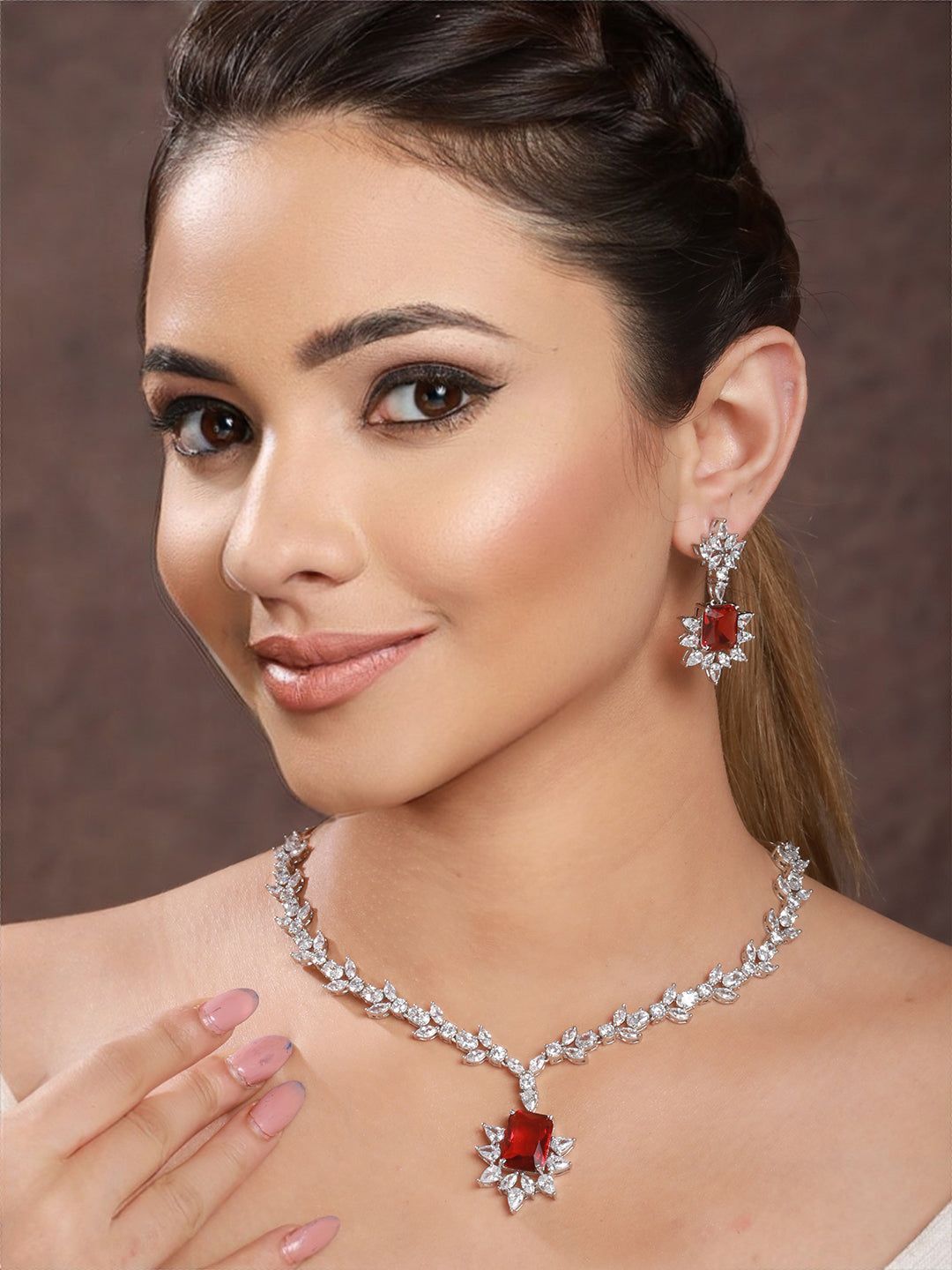 Silver Plated Red Ruby Zircon Floral Statement Necklace Jewellery Set