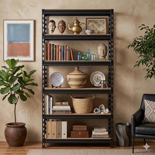 DIVYA 6-Tier Industrial Storage Shelf, Metal Frame & Wooden Shelves, Multipurpose Organizer Rack for Living