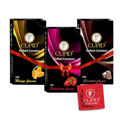 Cupid Dotted & Flavoured Condoms Chocolate, Strawberry & Mango Flavour (Pack of 3) | Lubricated & Multitextured Condoms | For Her Enhanced Pleasure | Pack of 3, 12 Pcs Each Cupid Dotted & Flavoured Condoms Chocolate, Strawberry & Mango Flavour (Pack of 3) | Lubricated & Multitextured Condoms | For Her Enhanced Pleasure | Pack of 3, 12 Pcs Each