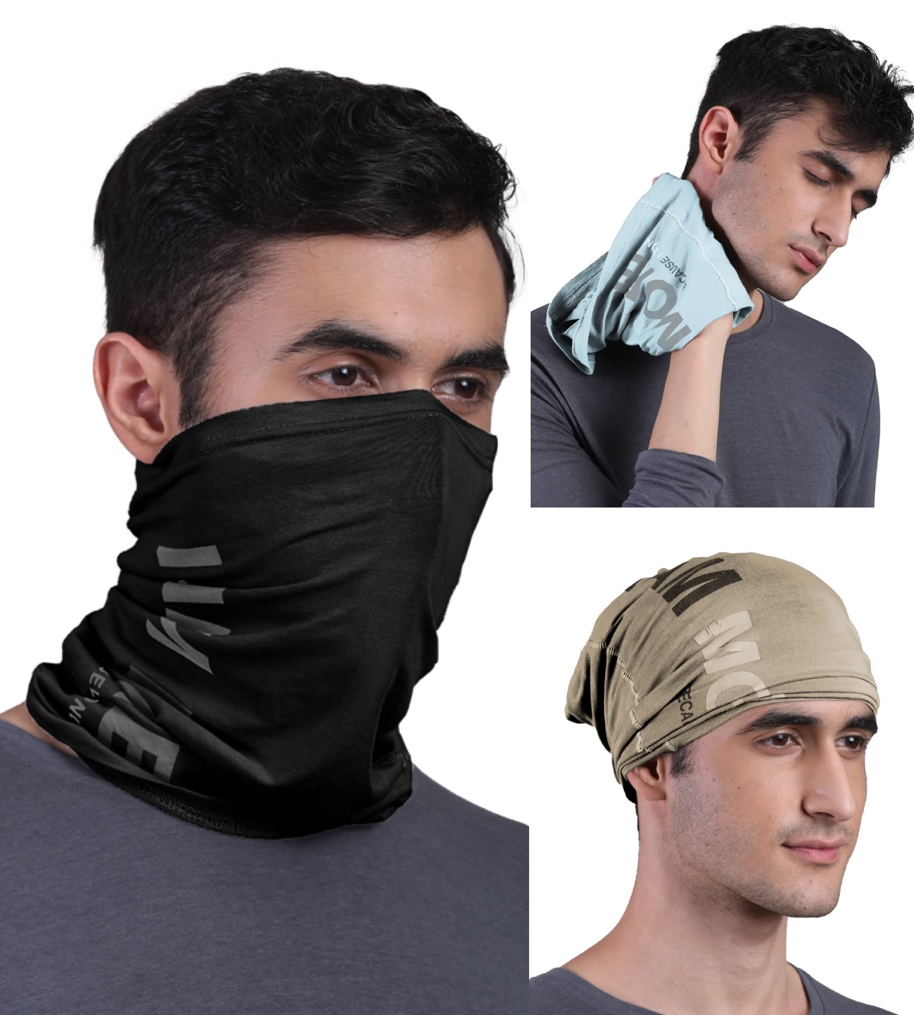 FREECULTR Unisex Bamboo Bandana, Anti Microbial Super Soft & Comfort Fit, Breathable Multipurpose Headband, Face Mask for Dust Protection and Sun - Printed Pack of 3-Beach Sand,Black,Chalk Blue