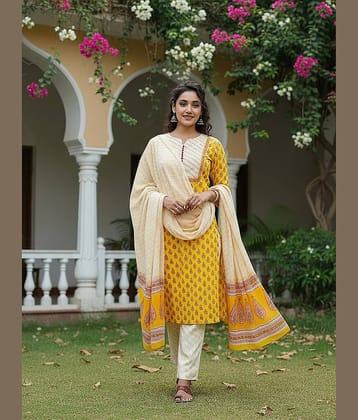 Vaamsi Women Rayon Printed Straight Kurti With Pants ( Yellow )