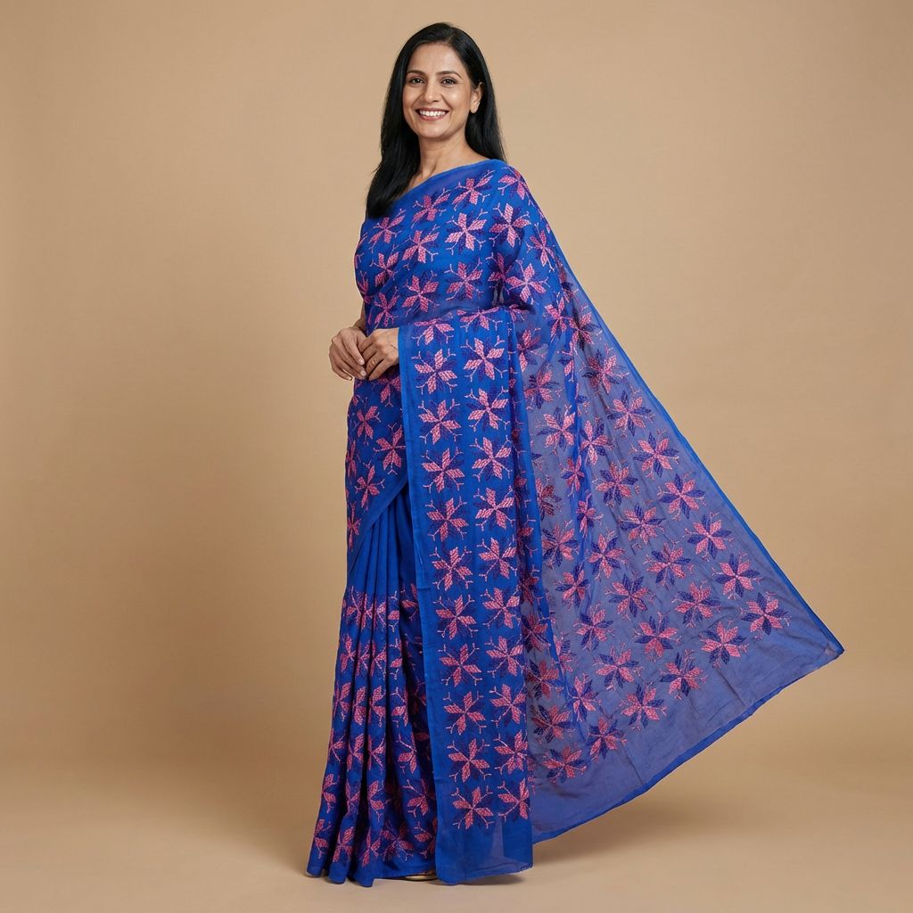 Handcrafted Traditional Phulkari Saree |Blue