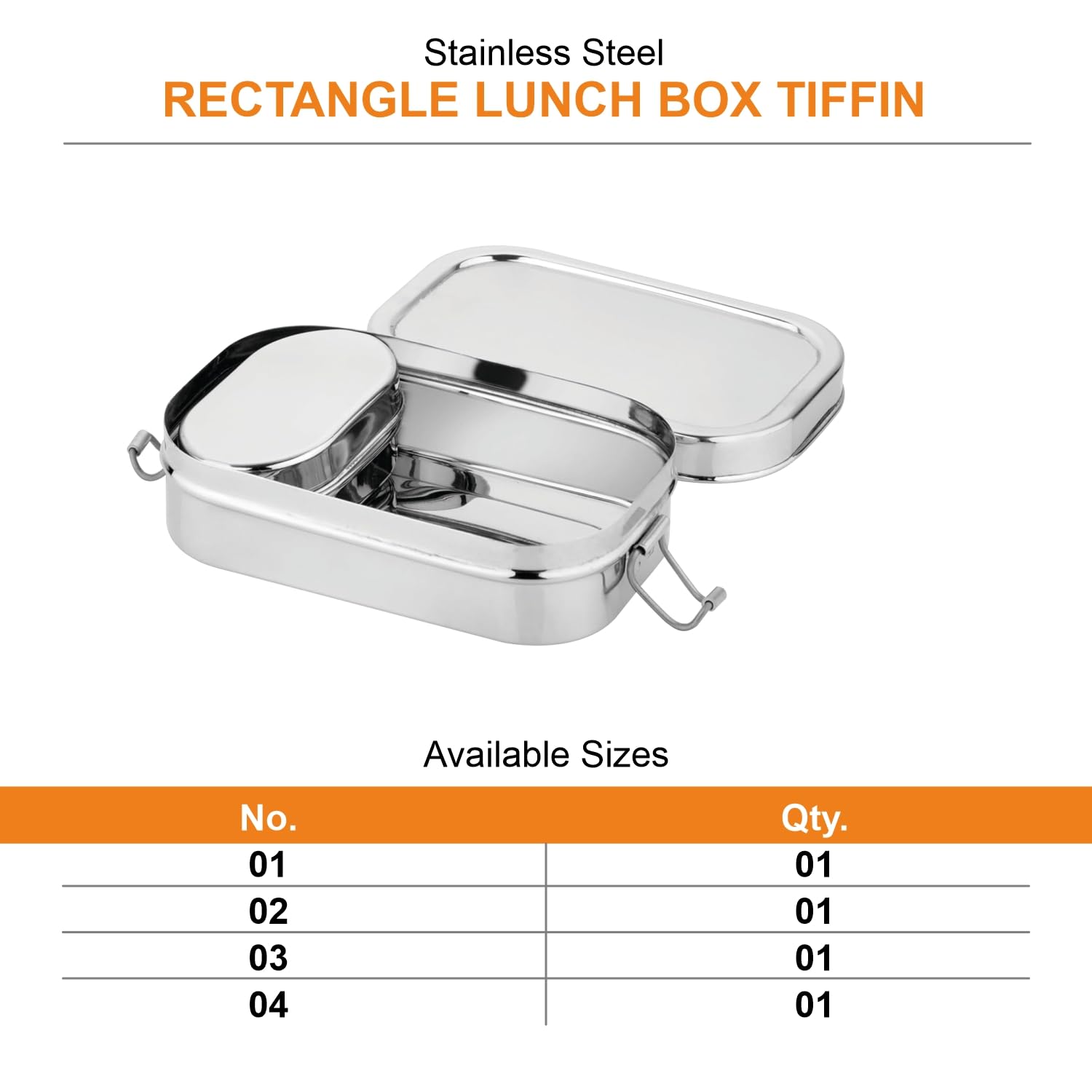 Stainless Steel Lunch Box with Transparent Lid & Locking Clips | Rectangular Steel Tiffin Box