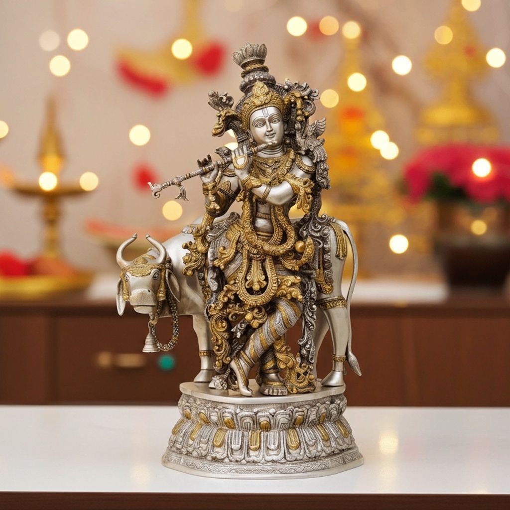 Brass Krishna With Cow Idol (BSMAS671 B)