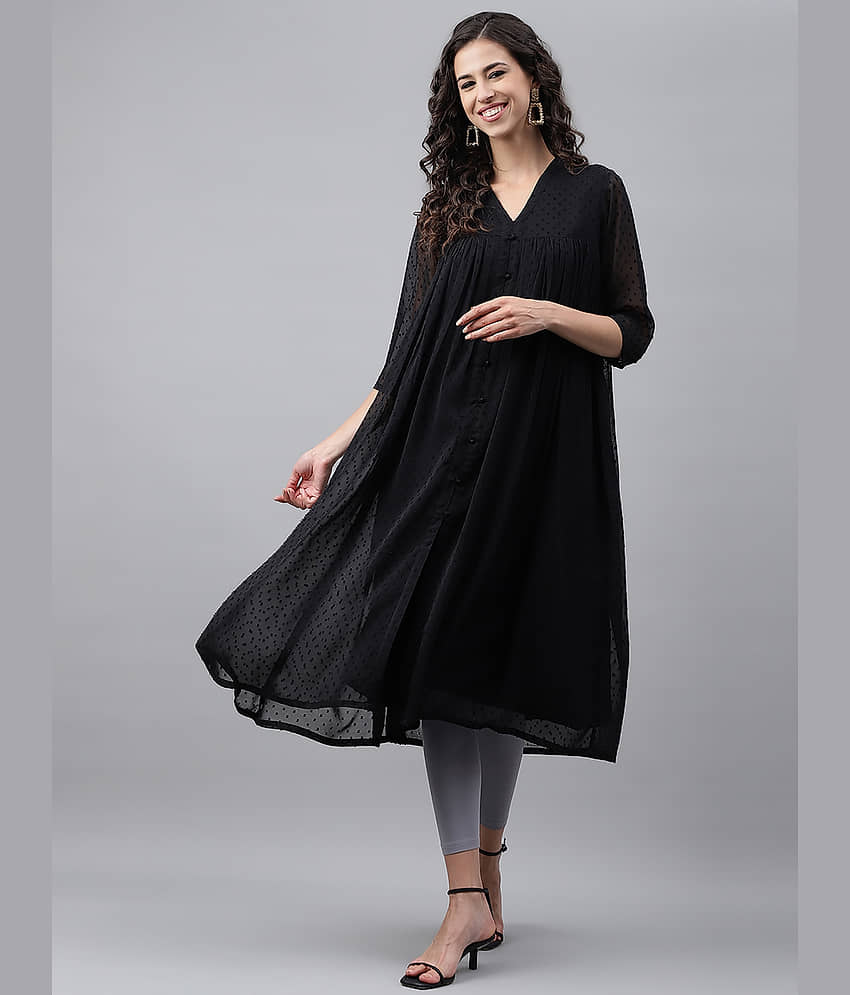 Janasya Chiffon Self Design Flared Women's Kurti - Black ( Pack of 1 )