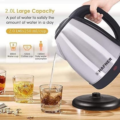 Hafner Electric Kettle with Stainless Steel Body,Used for boiling Water, Making tea and coffee, Instant noodles, Soup etc. 1500 Watt (Silver)/2 litre Silver