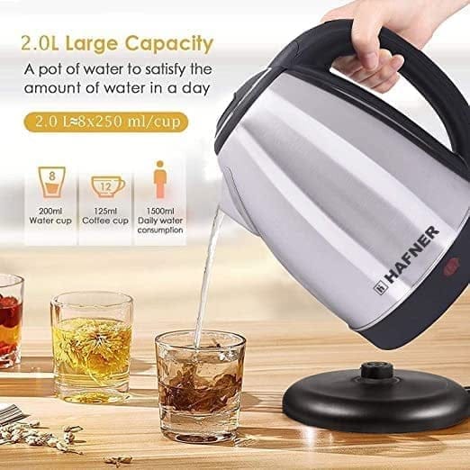 Hafner Electric Kettle with Stainless Steel Body,Used for boiling Water, Making tea and coffee, Instant noodles, Soup etc. 1500 Watt (Silver)/2 litre Silver