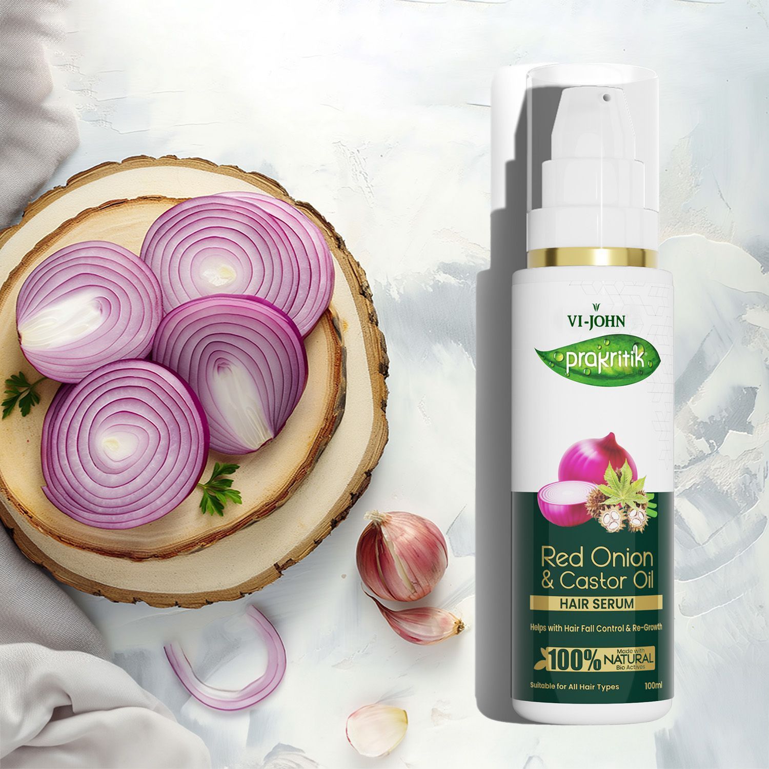 VI-JOHN Prakritik Red Onion & Castor Oil Hair Serum for Frizzy Free, Strong, Shiny Hair | Deep Smoothing & Nourishing for Hair Growth and Healthy Hair, 100% Natural Bioactives | 100ML