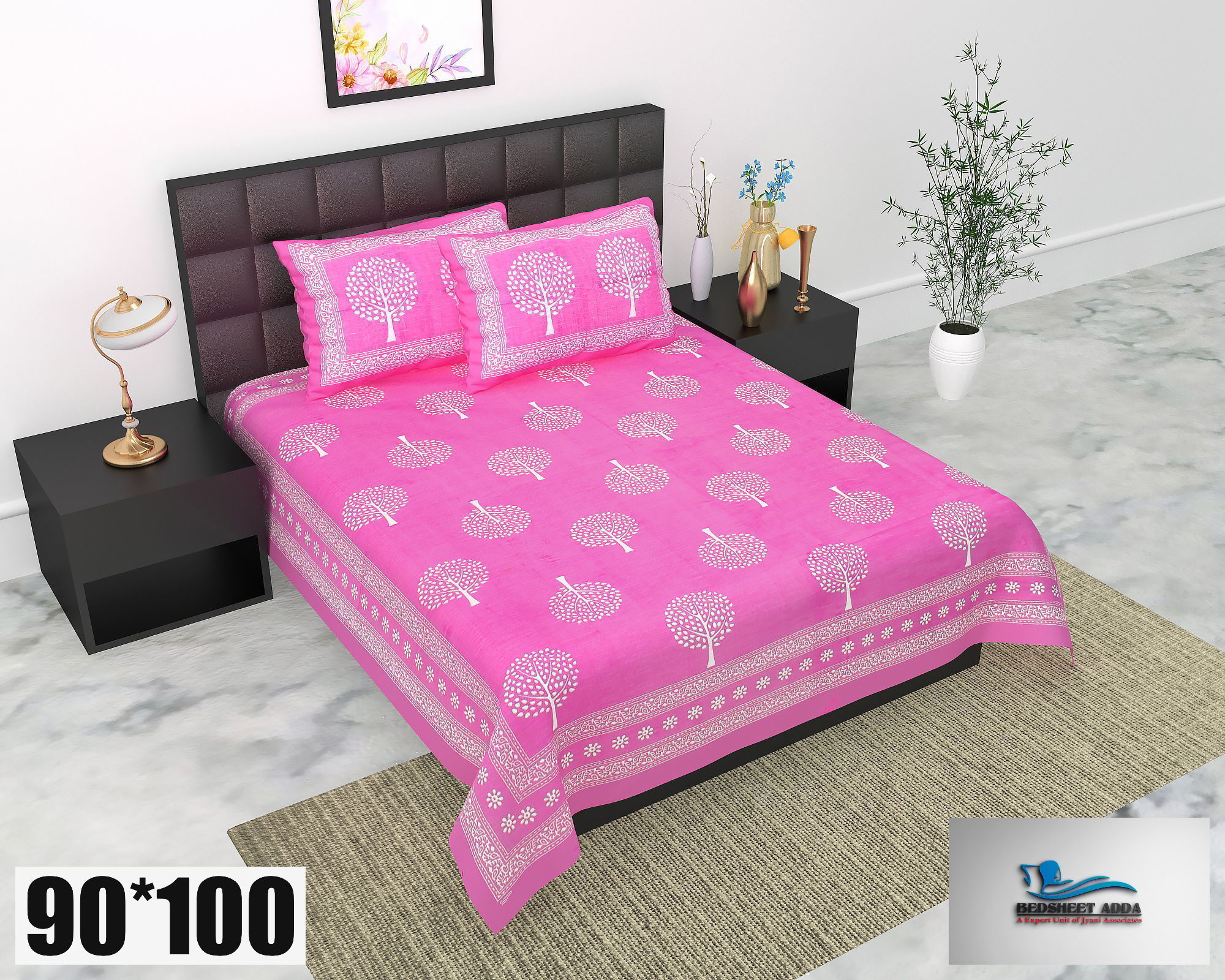 2001-Bedsheet Adda-Pure Cotton Jaipuri Printed Double Bedsheet With 2 Pillow Covers-BADA BUTA-PINK