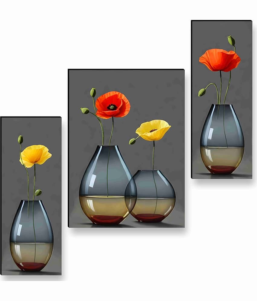 SAF Modern Vase Wall Art – 3 Panel Glass Vase with Poppy Flowers Painting for Living Room, Bedroom & Office Wall Décor 12 Inch x 20 Inch