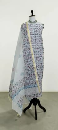Handwoven Kota Doria Dress Material with Hand Embroidery, Slate Blue Handwoven Kota Doria Dress Material with Hand Embroidery, Slate Blue