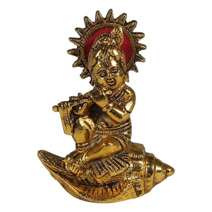 DreamKraft White Metal Gold Polish Lord Krishna on Shankh Idol Showpiece (Size: 9.7 cm x 12 cm - Golden)