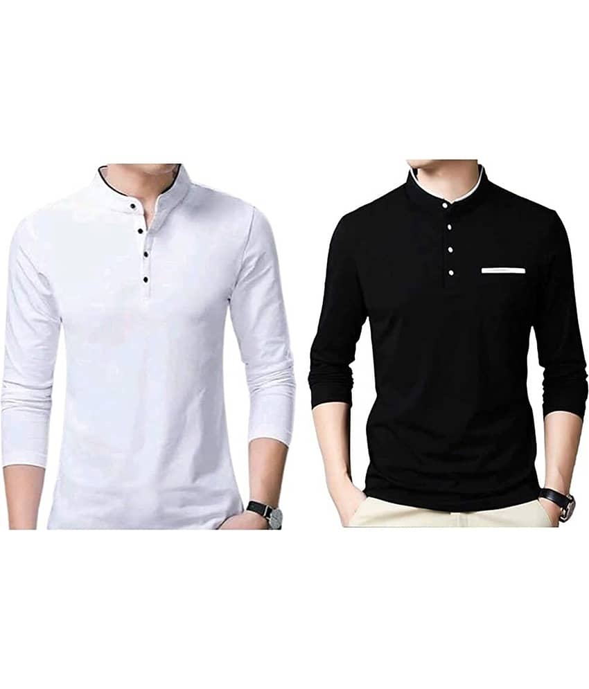 Alexender Cotton Blend Regular Fit Solid Full Sleeves Men's Mandarin Collar T-Shirt - Multicolor ( Pack of 2 )