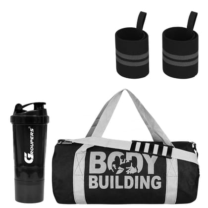 GROUPERS Duffle Canvas Bag with Shaker Bottle-500ml & Wrist BandlSports & Travel BaglSports Kitl (Black) GROUPERS Duffle Canvas Bag with Shaker Bottle-500ml & Wrist BandlSports & Travel BaglSports Kitl (Black)