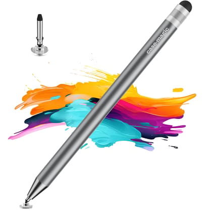Case-Magic 2 in 1 Universal Stylus Pen with Fine Point Disc Tip+ Rubber Fiber Tip| for Smartphone/Tablet/iPad/Pro/Air/iPhone/iOS/Android/All Touch Screens| Aluminum Body (Grey) GREY