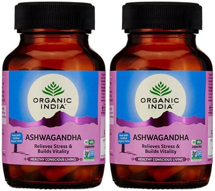 A TATA Product - Organic India Ashwagandha Capsules - 60 Veg Caps, For Vitality & Relieves Stress, Naturally Boosts Energy & Stamina, Improves Immune System, GMP & NPOP Certified