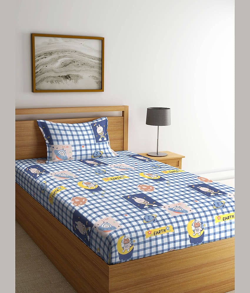 Klotthe Poly Cotton 1 Single Bedsheet with 1 Pillow Cover ( Blue )