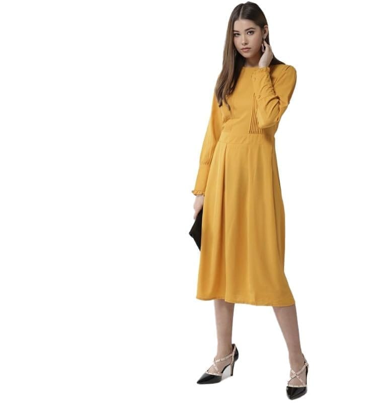 Women's Polyester Pintuck Long Sleeves Below Knee Dress (Yellow, L)-PID55757