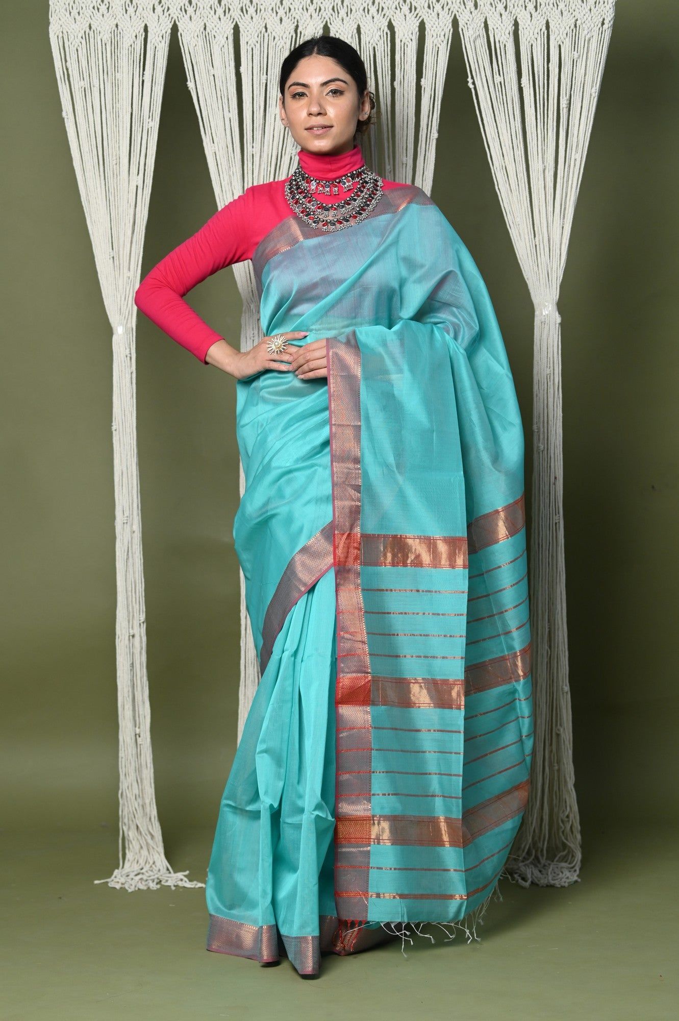 Handloom Cotton Silk Saree With Sleek Golden Border~sky blue