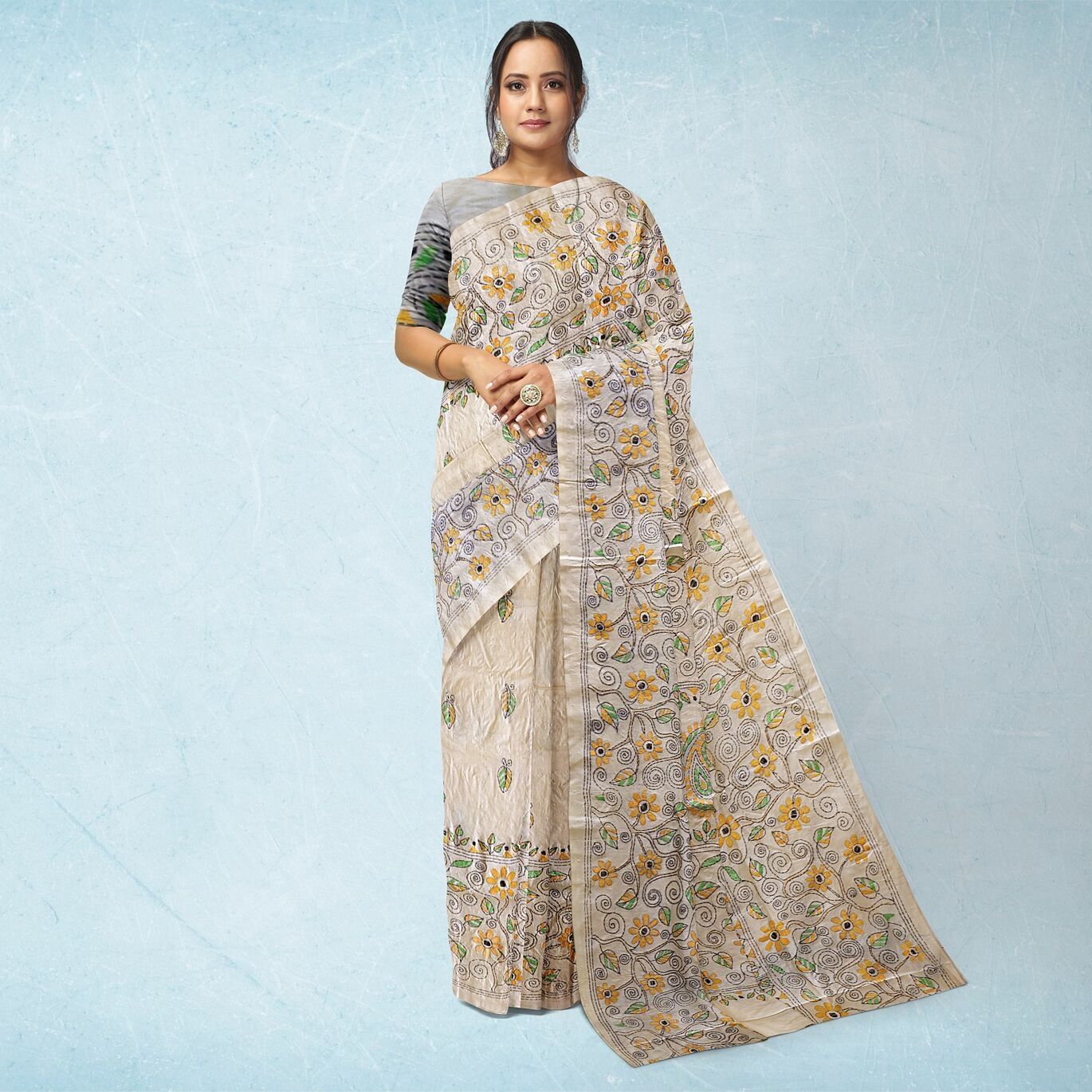 Dark Vanilla Kantha Stitch Tussar Silk Saree