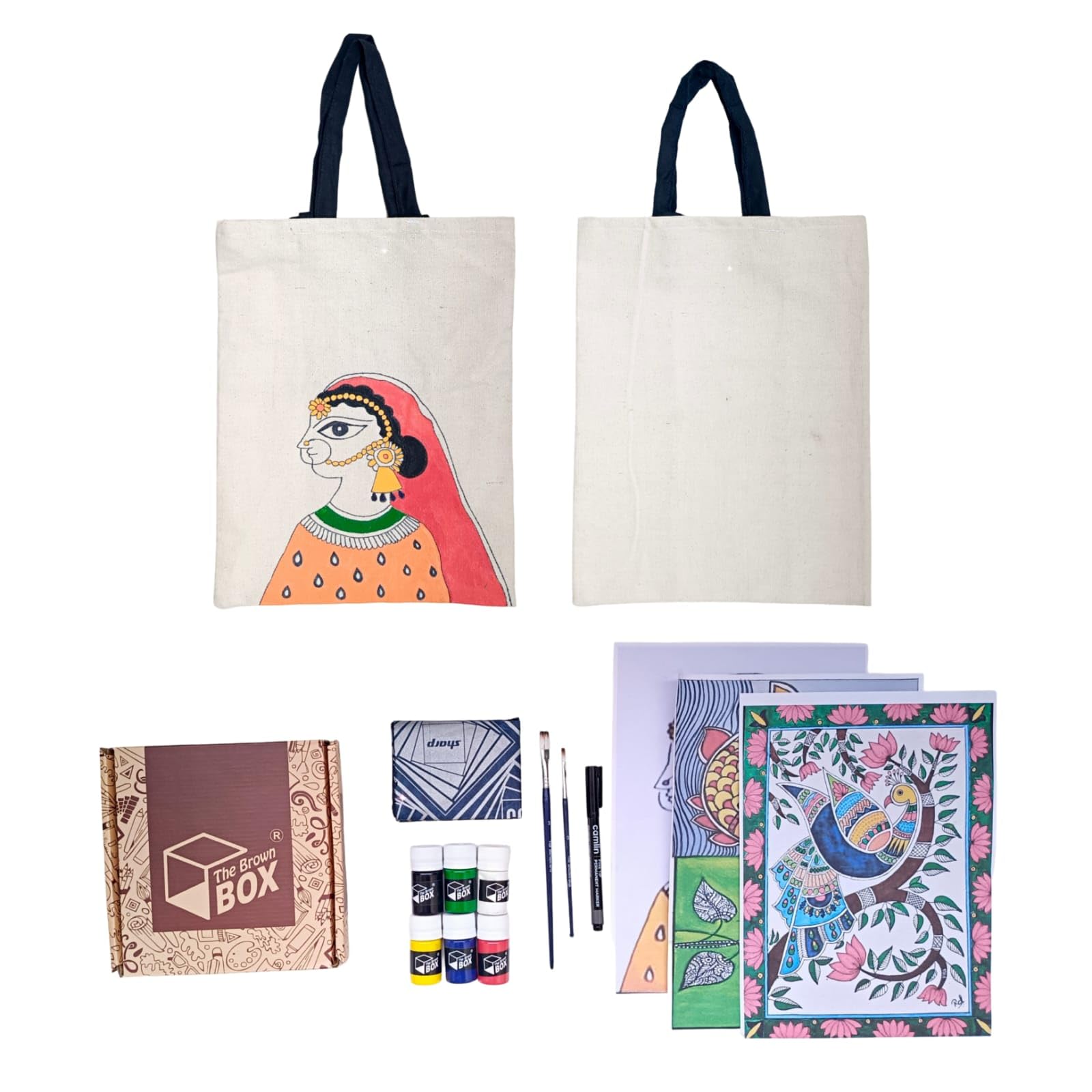 The brown box-Madhubani Painting kit,Tote Bag Painting kit,DIY kit,Craft kit for Kids and Adults,Birthday Gift,Return Gift,Navratri Gift for Kanya/Kanjak