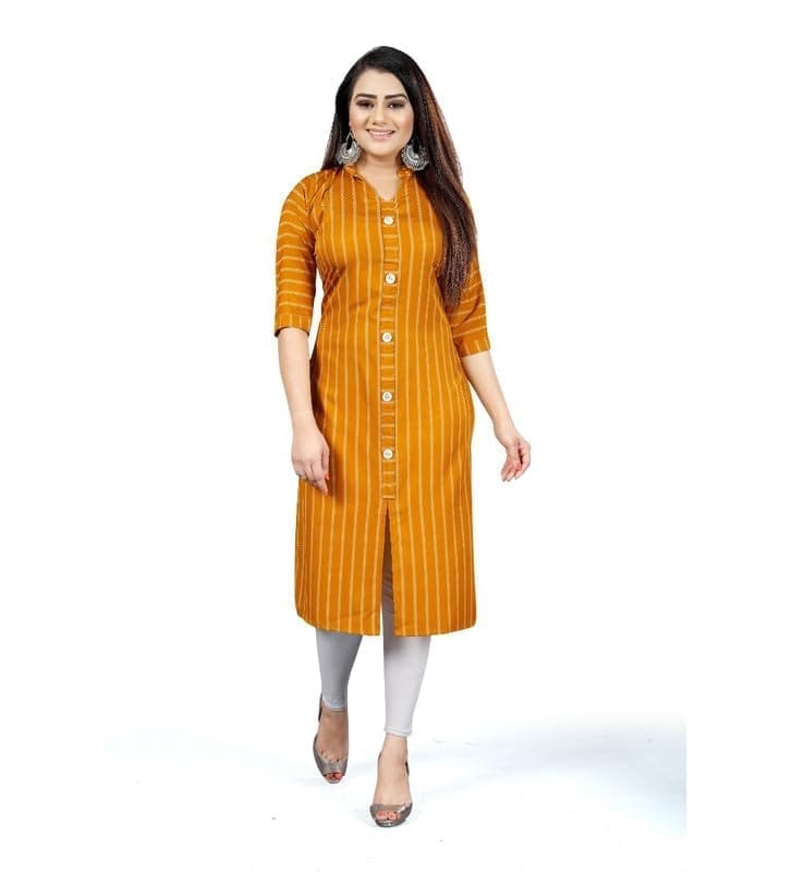Women's Casual 3/4th Sleeve Floral Printed Crepe Kurti (Yellow, S)-PID46184