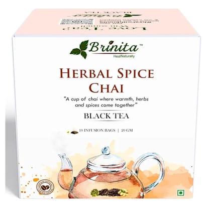 Brinita Herbal Spice Chai | 10 Pyramid Tea Bags | CTC Black Tea with Ashwagandha, Brahmi, Tulsi, Turmeric, Ginger, Cardamom & 15 Rare Ayurvedic Herbs | Immunity, Energy & Wellness Masala Chai | 20g