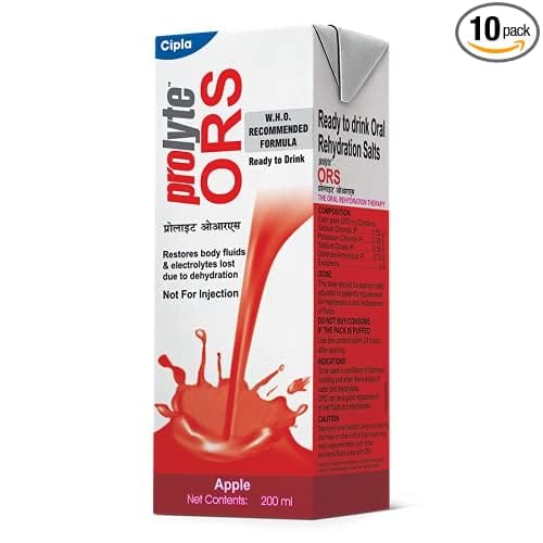 Cipla Prolyte Ors Ready To Drink Oral Rehydration Contains Vital Electrolytes | Restores Body Fluids & Electrolytes Lost Due To Sweating, Diarrhea & Vomiting | Who Formula (Apple, Pack Of 10, Liquid)
