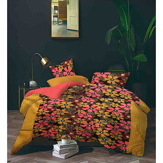 Black Bee  Pink  Yellow Flowers Print On Brown Base Double Bedsheet With 2 Pillow Covers (208 X 213 Cm)(Bs8-04)