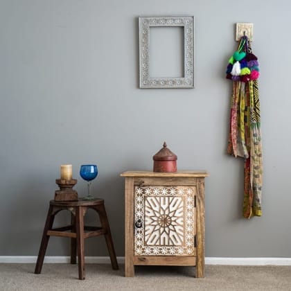 Boho Bedside Table –Natural Finish with Intricate Hand-Carved Detailing and Storage Shelf