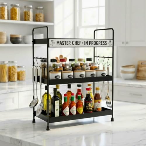 Metal Stylish 3-Tier Multipurpose Countertop Organizer Rack with 6 Hooks