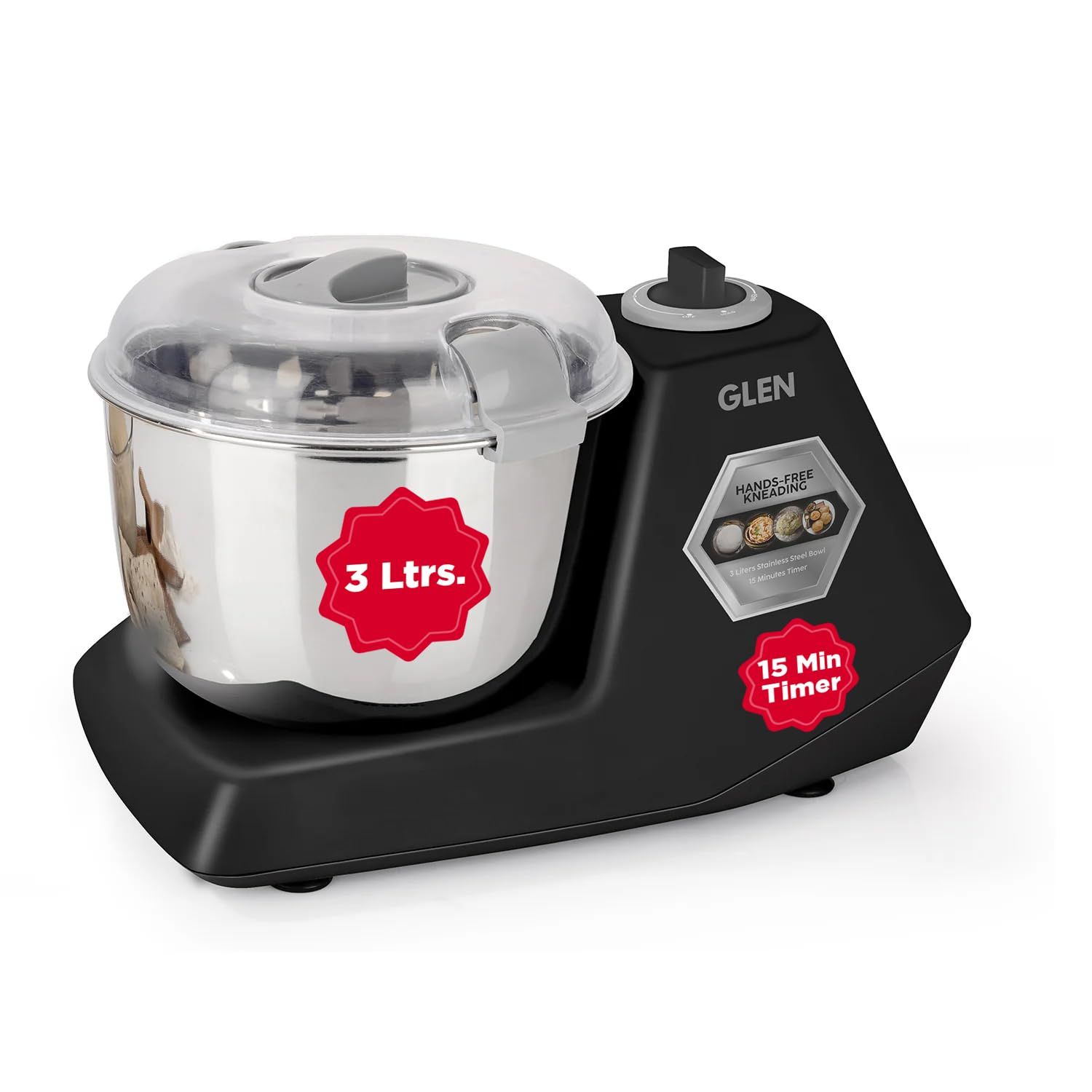 Glen Automatic Electric Atta Maker Machine, 3 Litre, 650W, Dough Kneader, Dough Mixer with Large Stainless Steel Bowl with Lid, Hands-free kneading -Black (SA-3032DMBL) Glen Automatic Electric Atta Maker Machine, 3 Litre, 650W, Dough Kneader, Dough Mixer