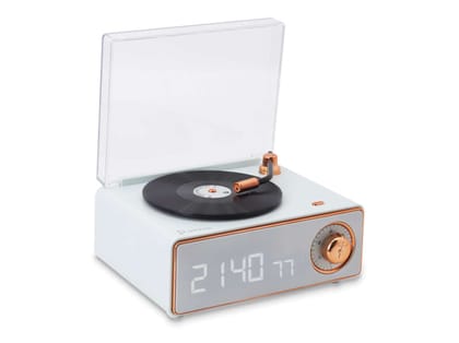 Pebble Disc Bluetooth Speaker with Clock, Rotating Disk LP Design, 8W Sound, 1200mAh Battery, BT/FM/TF/ AUX Support, 24H Playtime, TypeC Charging - Blue