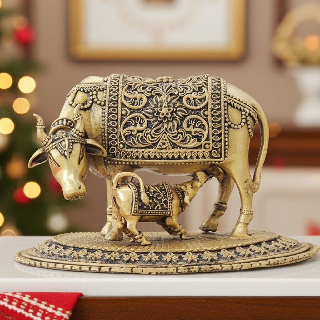Brass Cow and Calf Showpiece - Machine Made Gaye Bachadha Statue for Home & Office, Height : 3.5 Inch (BSMAS1727 F)