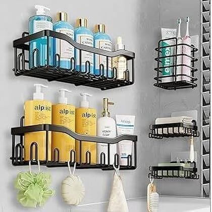 M Y Adhesive Shower Caddy, 5 Pack Rustproof Bath Organizers With Large Capacity Iron Wall Shelf (Number of Shelves - 5, Black)