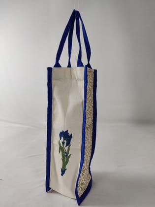 Handcrafted Block Printed Bottle Bag | Reusable | Blue