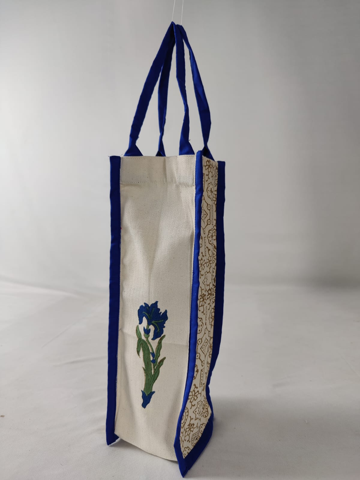 Handcrafted Block Printed Bottle Bag | Reusable | Blue