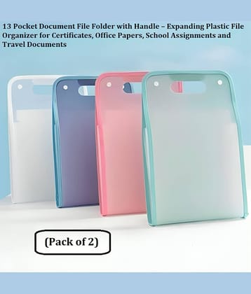 Multi Deal 13 Pocket Document File Folder with Handle – Expanding Plastic File Organizer for Certificates, Office Papers, School Assignments and Travel Documents - Pack of 2