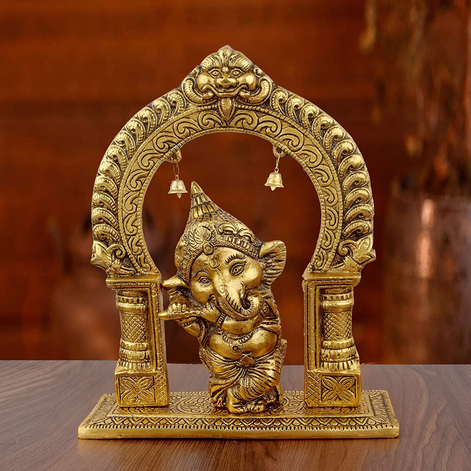 DreamKraft Metal Ganesha with Flute Hanging Temple Showpiece (Gold)