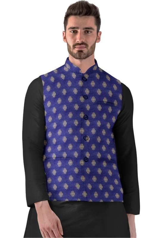 Men's Jacquard Printed Full Sleeve Waistcoat (Blue, 38)-PID53489
