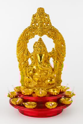 Golden Ganesh Idol with LED Diya | Pooja Diya Mandir Light | Ganesha Statue for Home Temple & Diwali Decoration