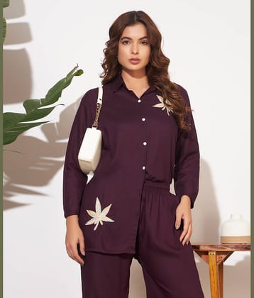 Canblar Women Embroidered Shirt With Palazzos Co-Ord Set ( Purple )