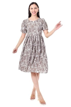 MR ANDERSON’S Geometric Print Midi Dress with Puff Sleeves & V-Neck, Knee Length