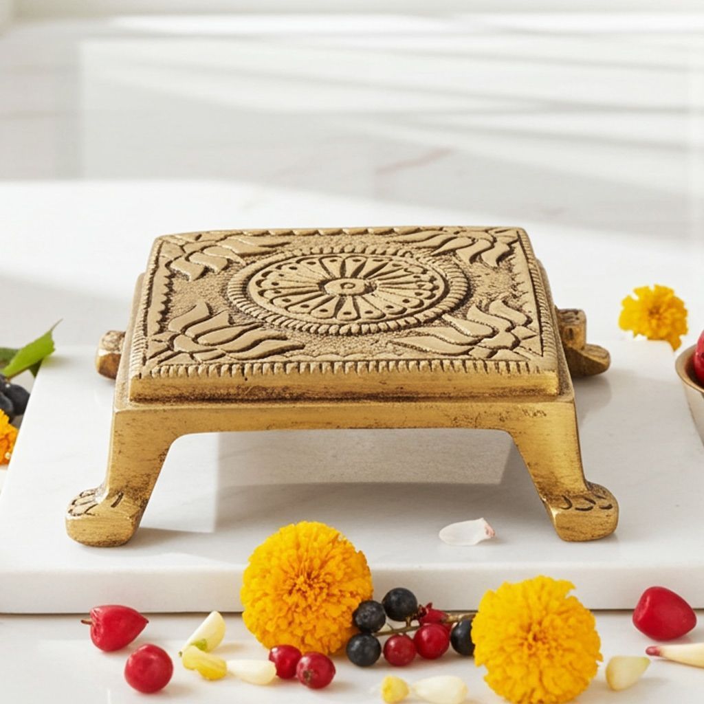 Brass Chowki God Idol Showpiece - Decorative Puja Base, Length : 2.2 Inch (BSMAS1403 B)